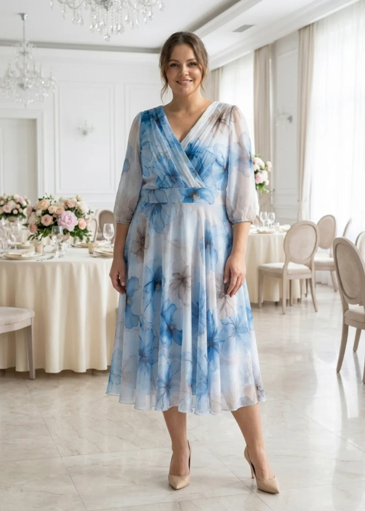 Szyfonowa sukienka plus size wizytowa w błękitne kwiaty, widok z przodu, pełna sylwetka.